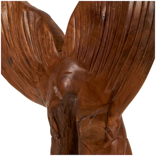 Brown Teak Wood Whale Handmade Tail Live Edge Sculpture with Intricate Carvings Set